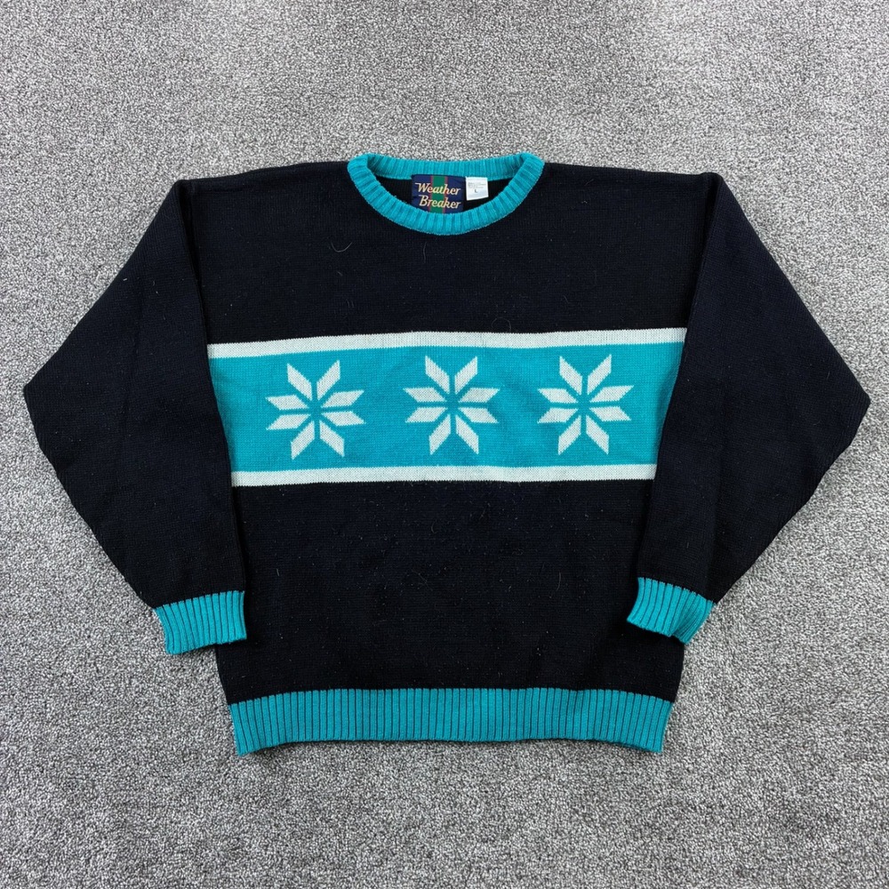 Vintage Weather Breaker Sweater Mens Large Black Teal Snowflake Knit 90s Retro